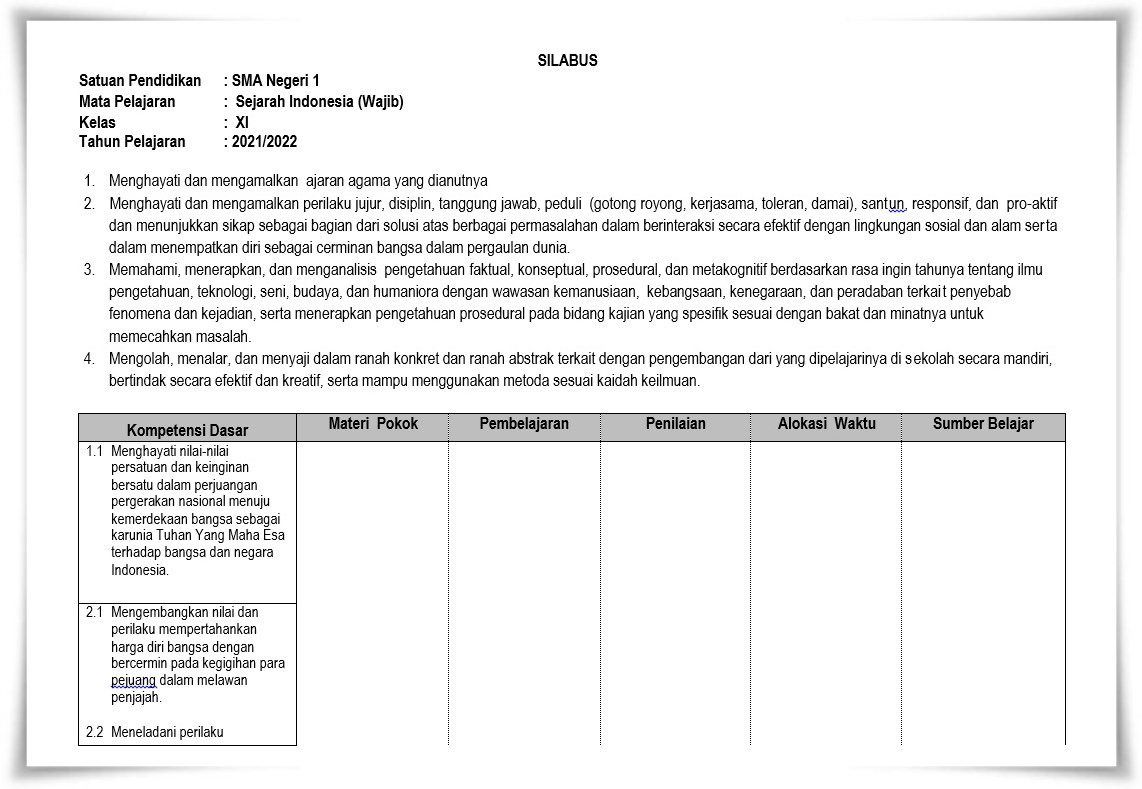 Silabus Mata Pelajaran Sejarah Indonesia Kelas XI Kurikulum 2013 Edu